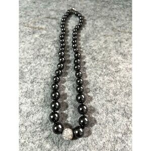 Vintage glass black  Faux graduated pearls beaded necklace rhinestones